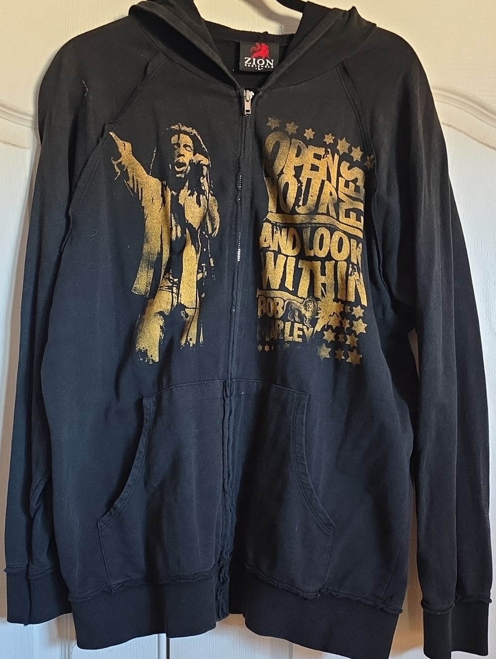 Zion Rootswear Black Zip Hoodie with Gold Bob Marley Graphic